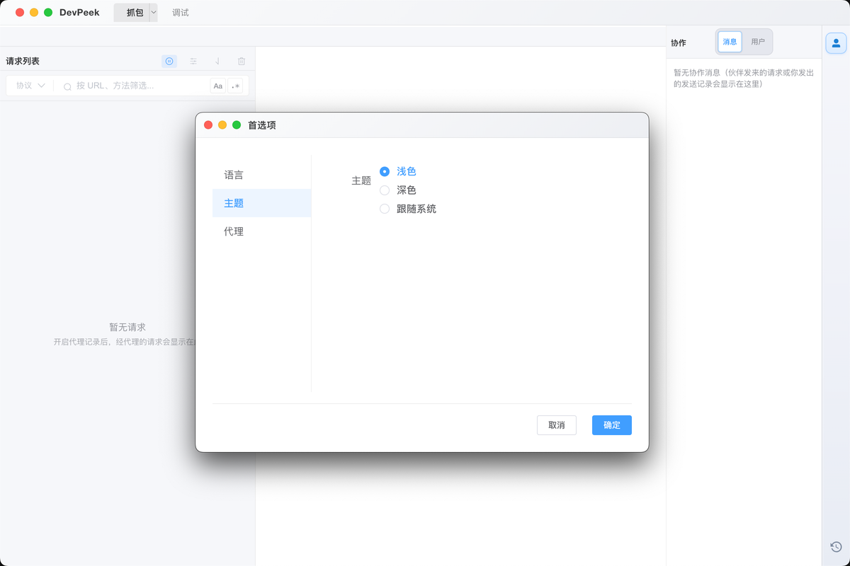DevPeek 浅色主题下打开首选项窗口的界面截图